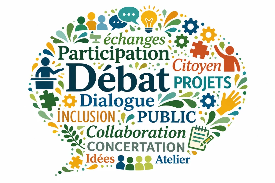 Nuage de mots : participation citoyenne, débat, dialogue, inclusion, collaboration et concertation